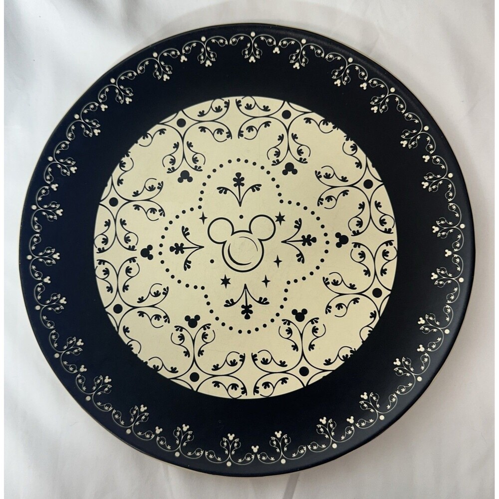 Disney Kitchen Mickey Dinner Plate Black Scroll Hidden Mickey 11” HTF